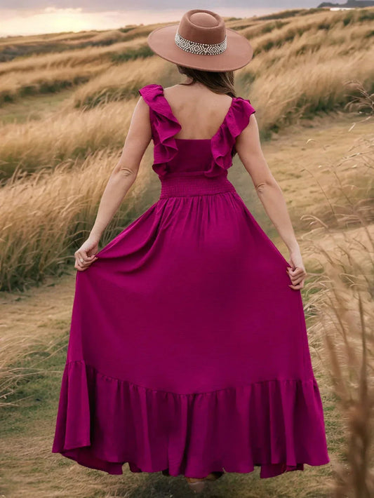 Hot Pink Ruffle Maxi Dress with Shoulder Detail