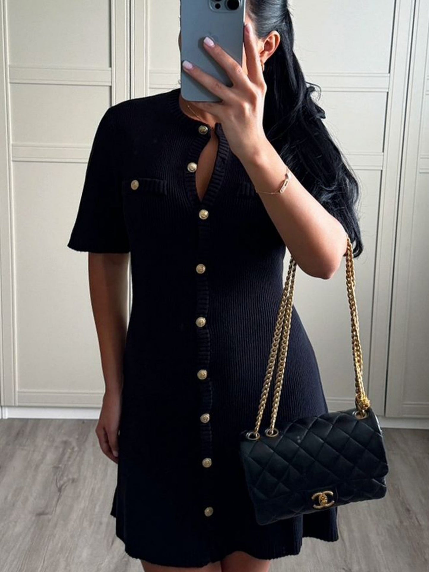 Knitting Buttons Crew Neck Short Sleeve Mini&Short Dresses