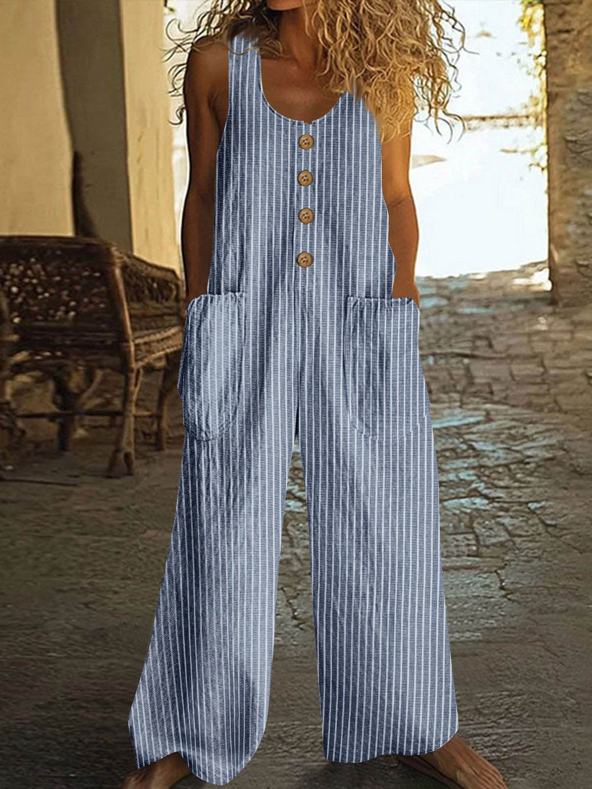 Button-up Pocket Loose Casual Striped Cotton Linen Overalls