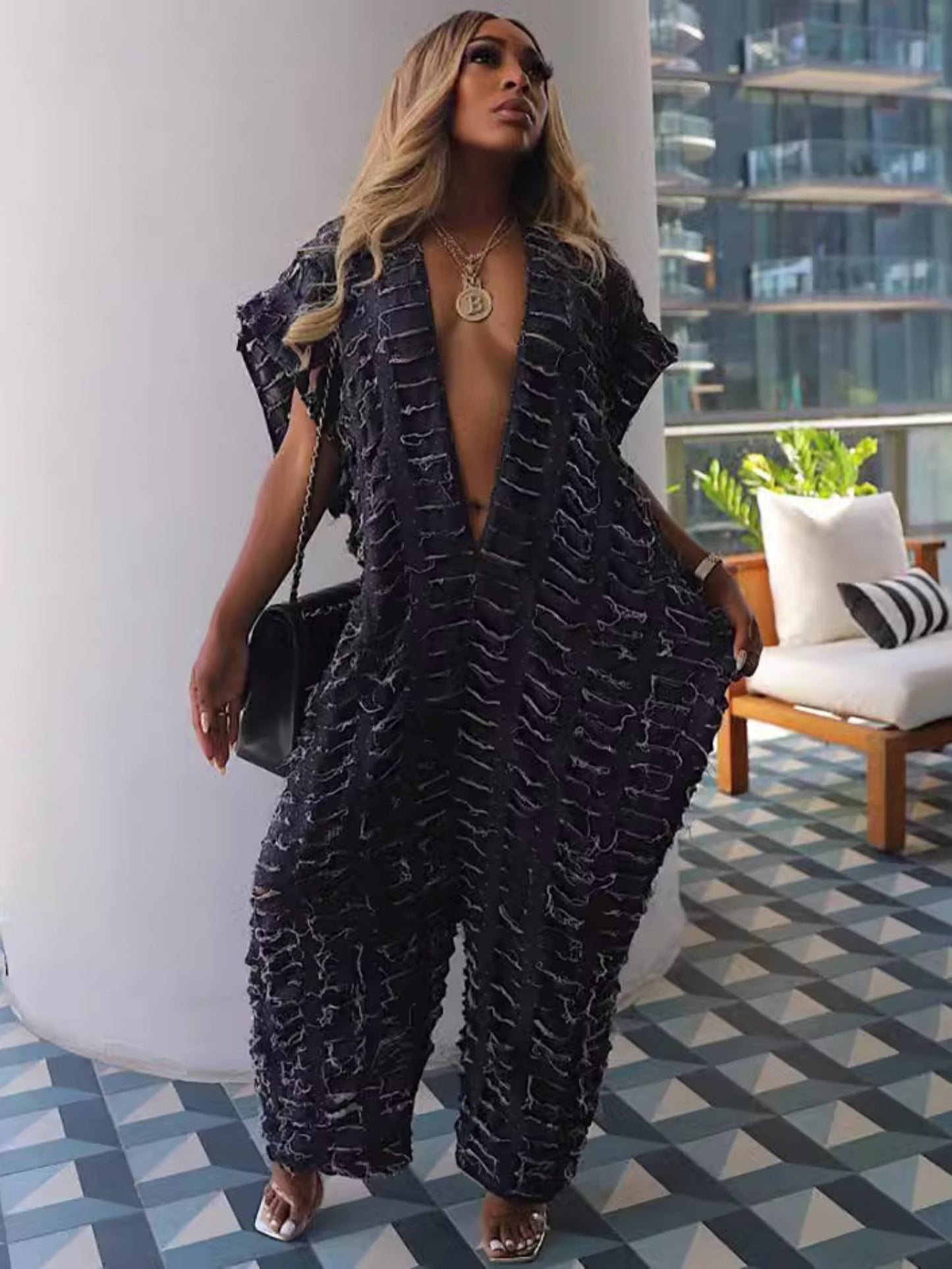 Denim Hole Deep V Short Sleeve Loose-fit Jumpsuits