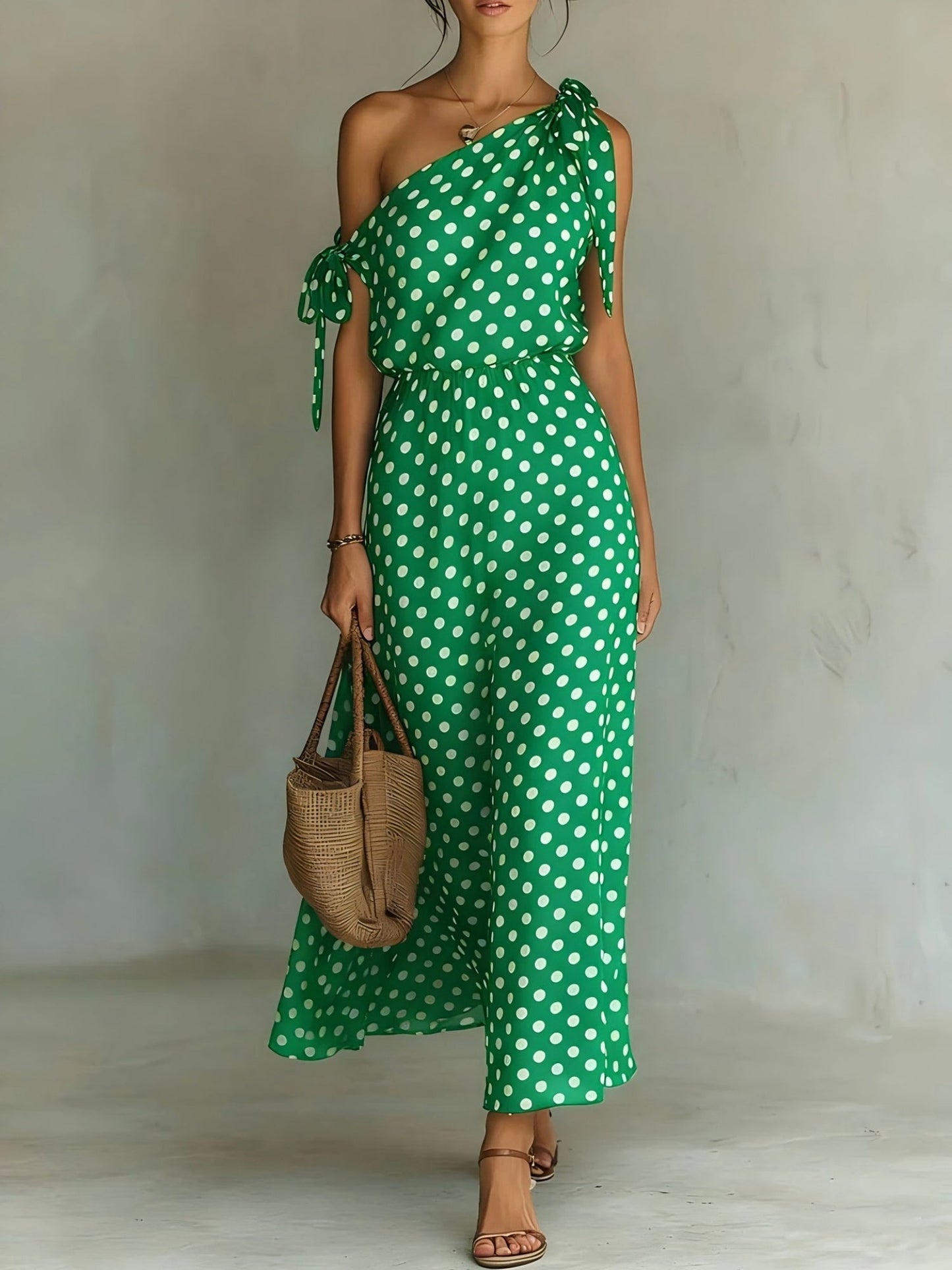 Polka Dots Sloping Shoulders Straps Maxi Dresses