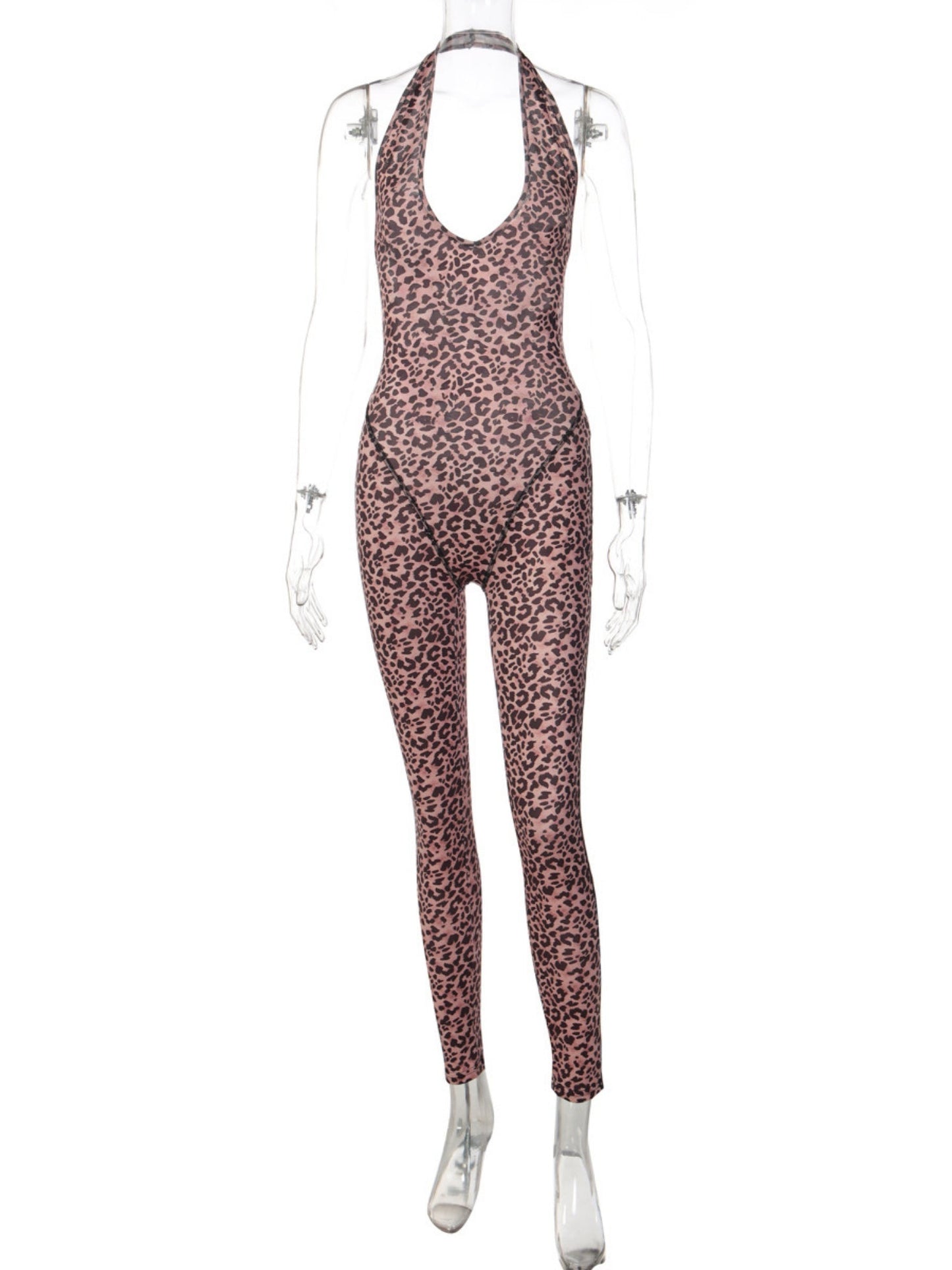 Leopard Print Halter Neck V-neck Backless Jumpsuits