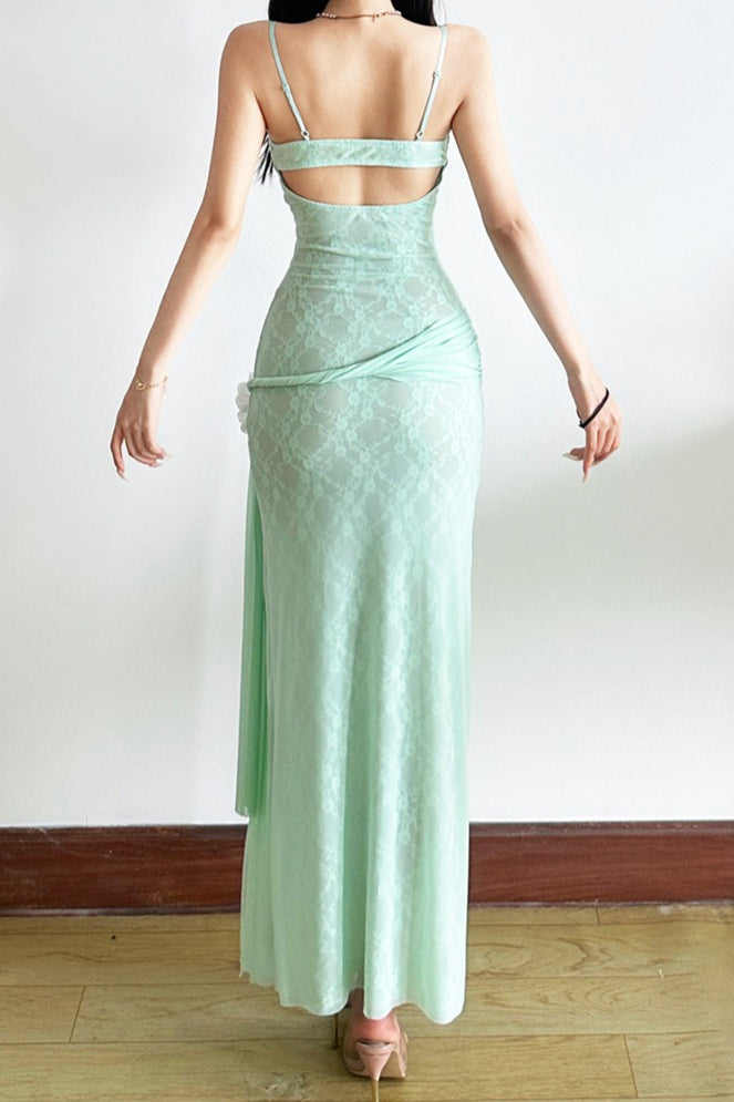 | Lace Mesh Floral Waist Cinched Cami Maxi Dress
