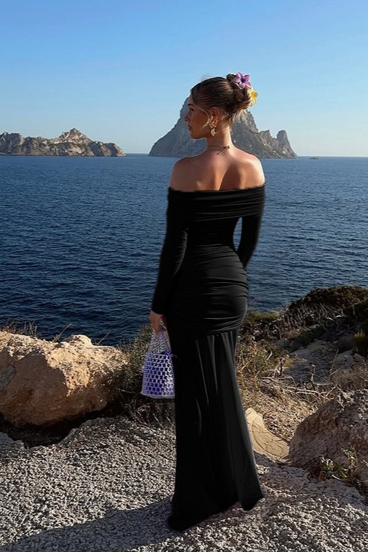 Off Shoulder Ruched Mesh Long Sleeve Buckle Hip Draped Maxi Dress