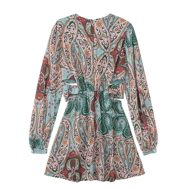 Paisley Print Plunging V-Neck Slit Sleeve Cutout Waist Tie Boho Mini Dress