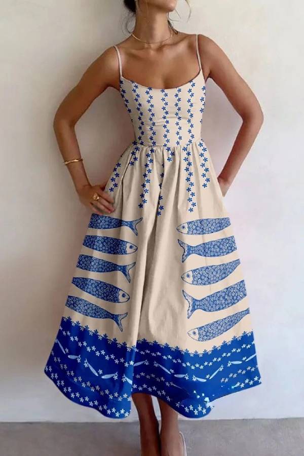 Fish Graphic Print Spaghetti Strap Scoop Neck Pleated A-Line Midi Dress