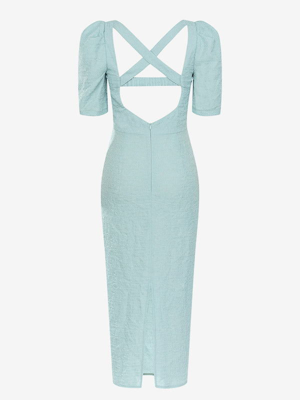 Baby Blue Party Dresses Puff Sleeves Backless Party Prom Midi Dress