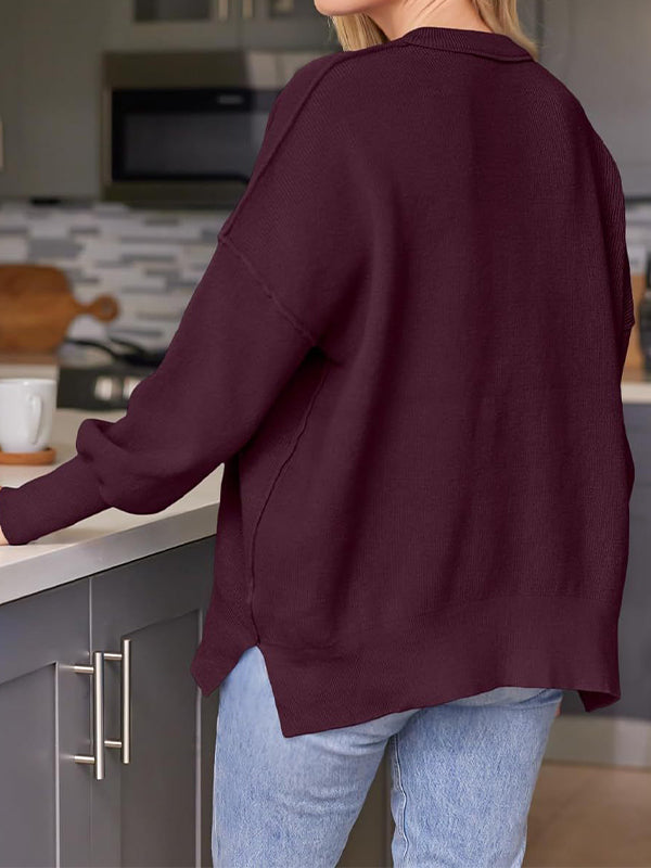 Solid Crew Neck Cape Sleeve Slit Sweater