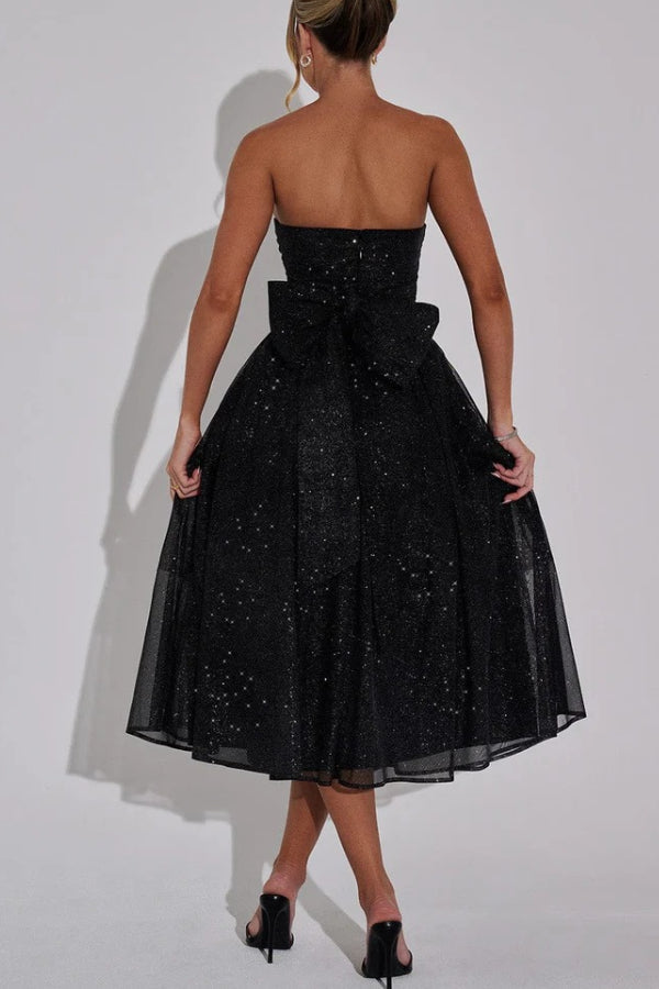 Glitter Mesh Strapless Ruched Fit-and-Flare Pocket Midi Dress