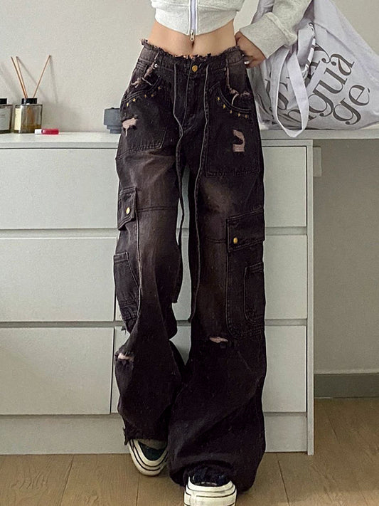 Vintage Distressed Studded Ripped Cargo Jeans
