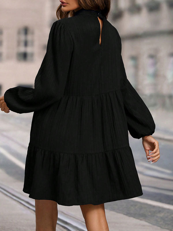 A-Line Long Sleeves Hollow Pleated Solid Color Split-Joint Mock Neck Mini Dresses