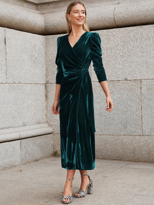 Florence Metallic Velvet Tie Waist Midi Dress - Emerald