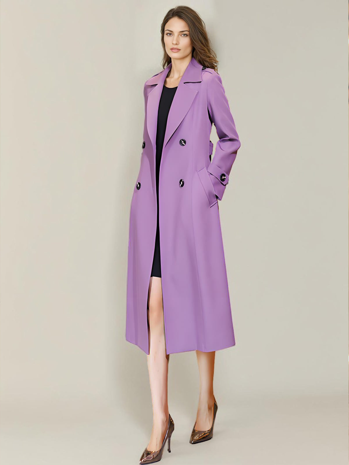 Women's Trench Coat Practical Buttons Turndown Collar Long Sleeves Polyester Lace-up