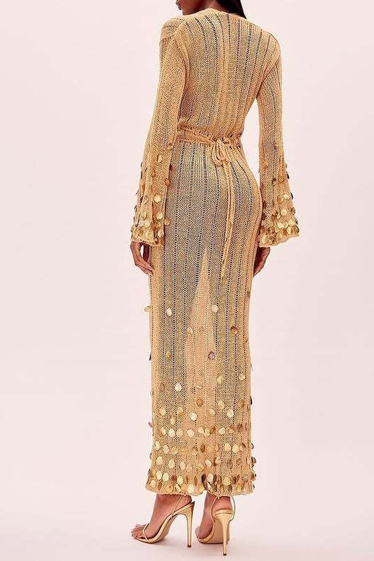 | V Neck Belted Sequin Knit Maxi Dress