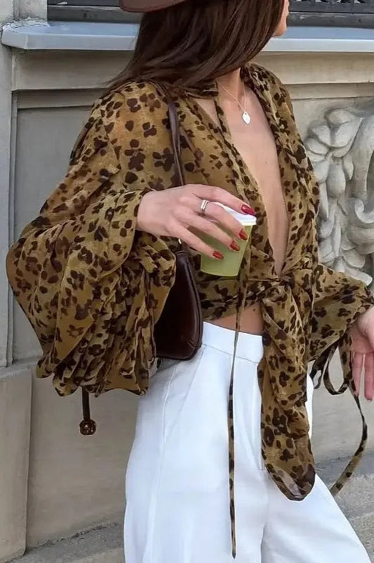 Y2K Leopard Front Tie Blouse