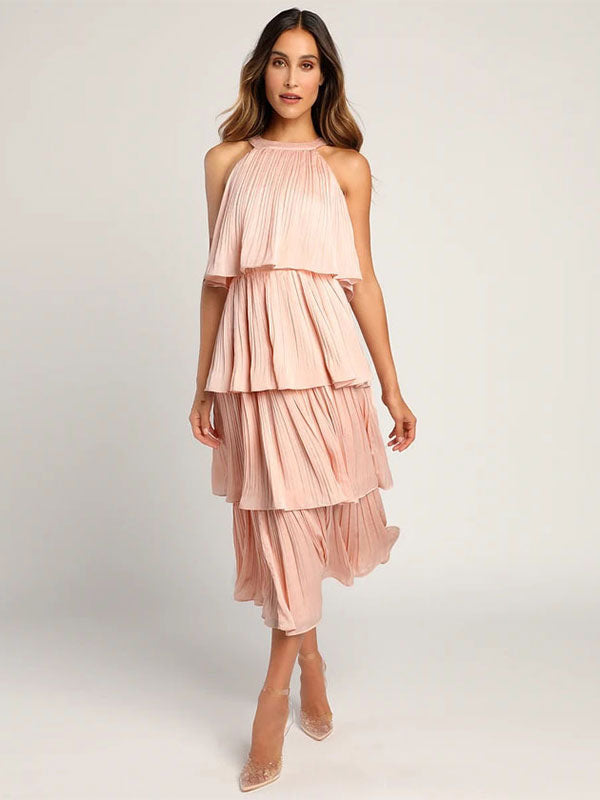 Layered Dress Halter Round Neck Sleeveless Graduation Party Midi Dresses