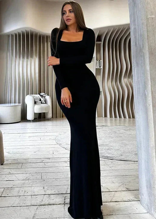 Square Neck Long Sleeve Mermaid Hem Bodycon Maxi Dress