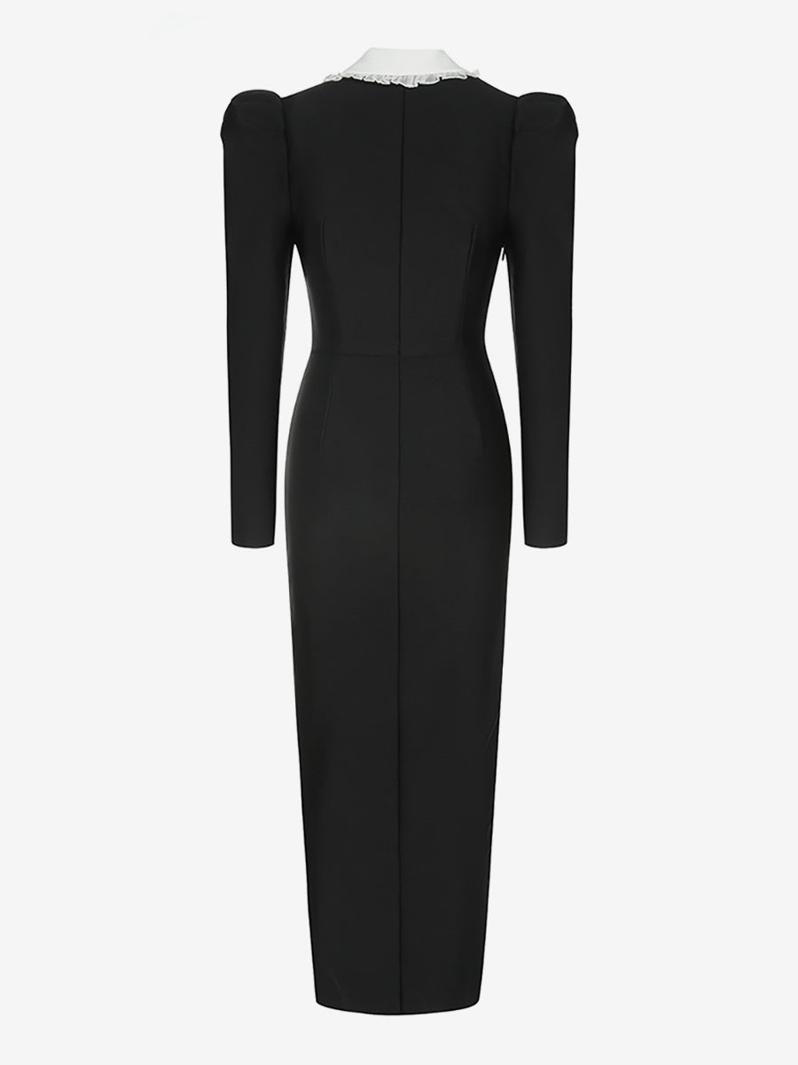 Bodycon Dresses Black Long Sleeves Sexy Turndown Collar Midi Dress Sheath Dress