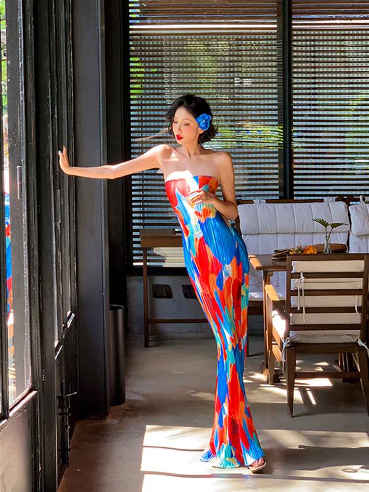 Colorful Floral Strapless Ruched Maxi Dress – Summer Statement Piece