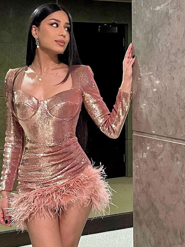 Sexy Feather Mini Dresses Sweetheart Neck Long Sleeves Birthday Party Pencil Dress