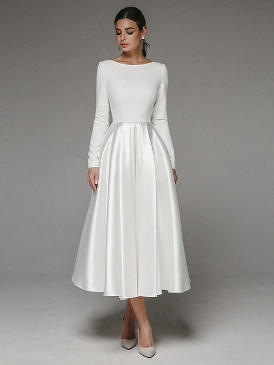White Prom Dress Boatneck Ruched Skirt Birthday Party Midi Dresses