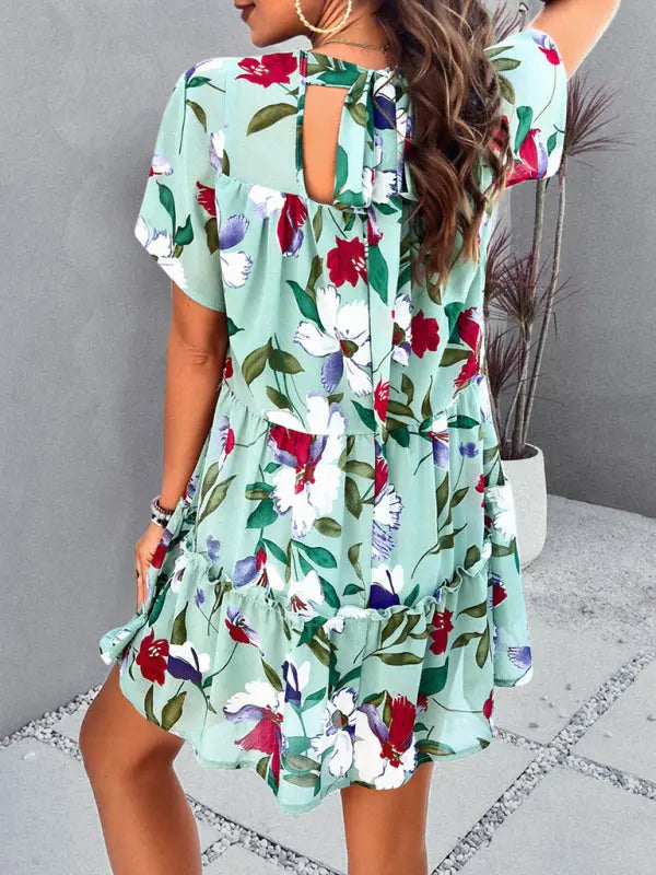 Botanical print short-sleeved tiered mini dress