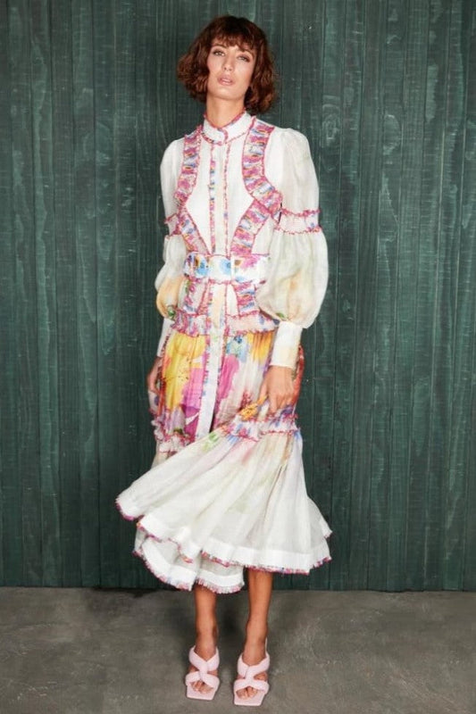 Floral Lantern Sleeve Stand Collar Frill Midi Dress With Belt
