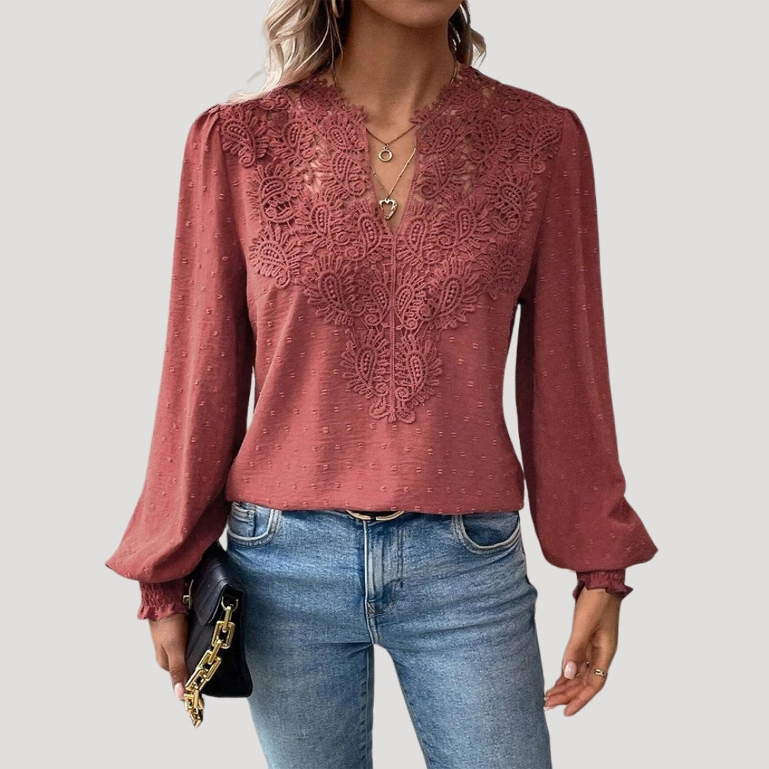 | Lace Long Sleeve Embroidered Blouse Top