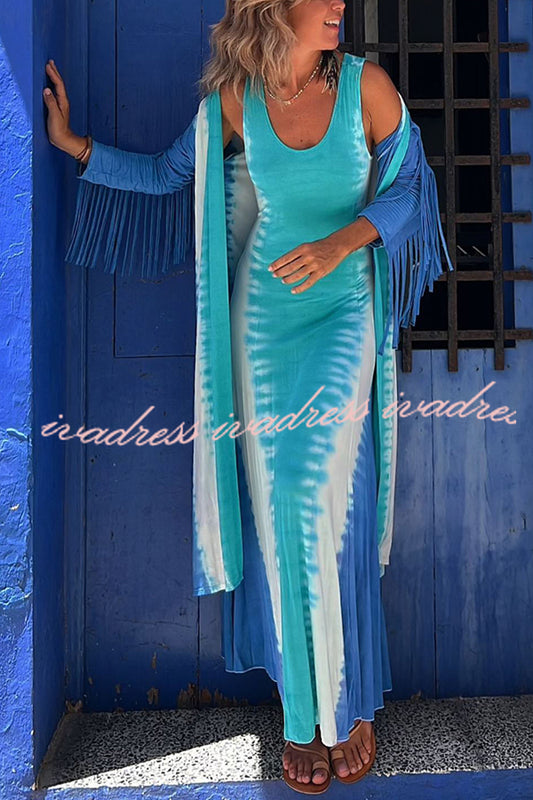 Song of The Vagabond Tie-dye Print Open Front Tassel Duster Cover-up