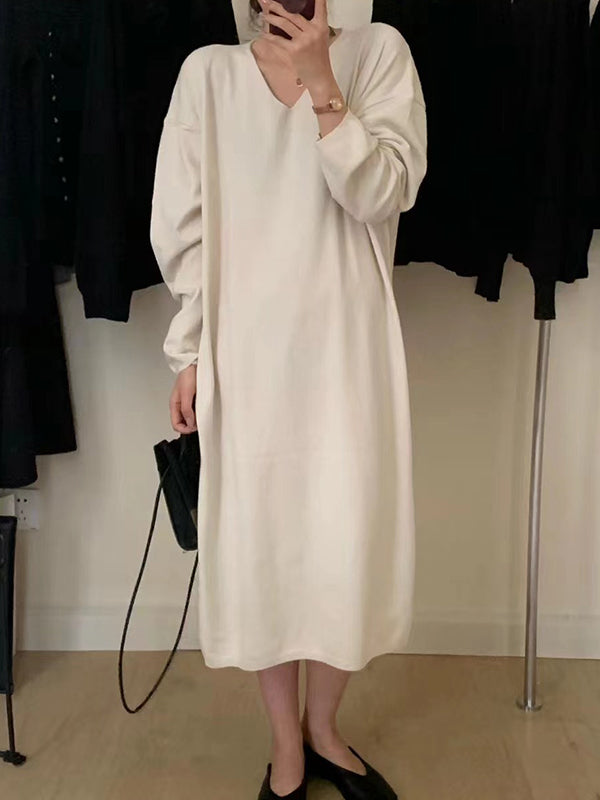 Long Sleeves Loose Solid Color V-Neck Midi Dresses Sweater Dresses