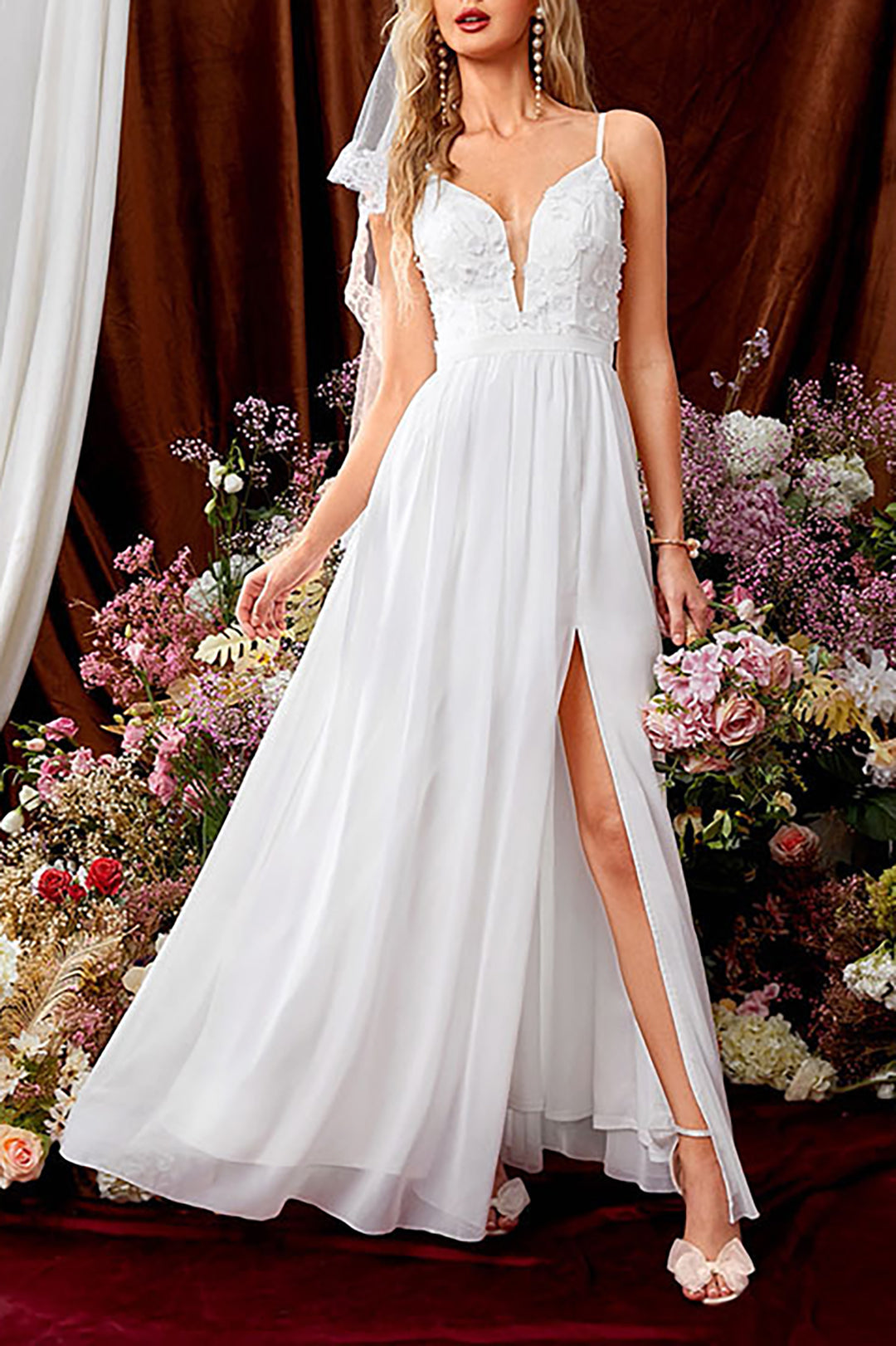 Spaghetti Strap Deep V Lace Floral Applique Chiffon Side Slit Maxi Gown