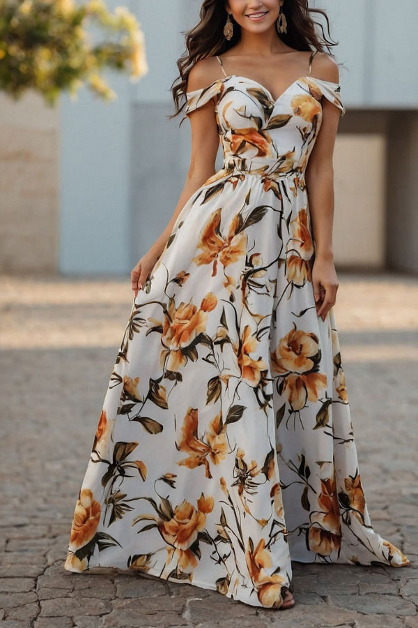 Floral Print Camisole Waist-cinching Elegant Maxi Dress