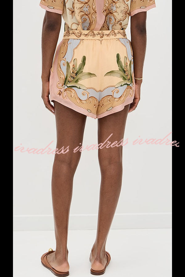 Royalty Unique Print Button Up Short Sleeve Shirt and Elastic Waist Pocketed Loose Shorts Set