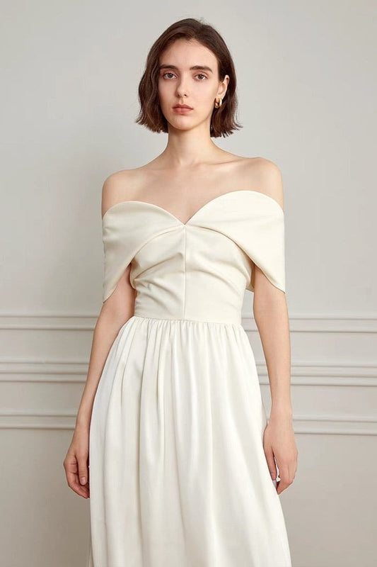 Off the Shoulder Foldover Neckline Pleated A-Line Floor Length Maxi Dress