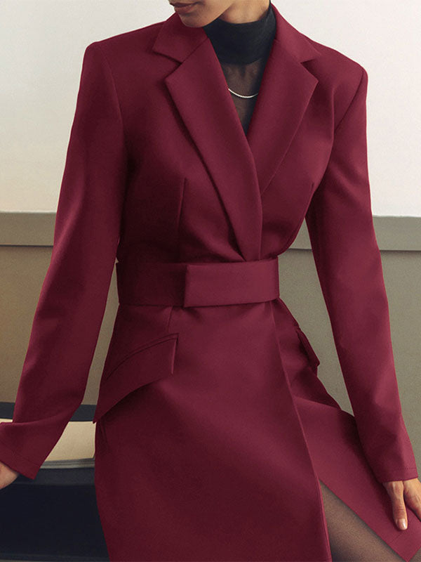 Solid Color Blazer Dress Notched Lapel Pockets Mini Dresses
