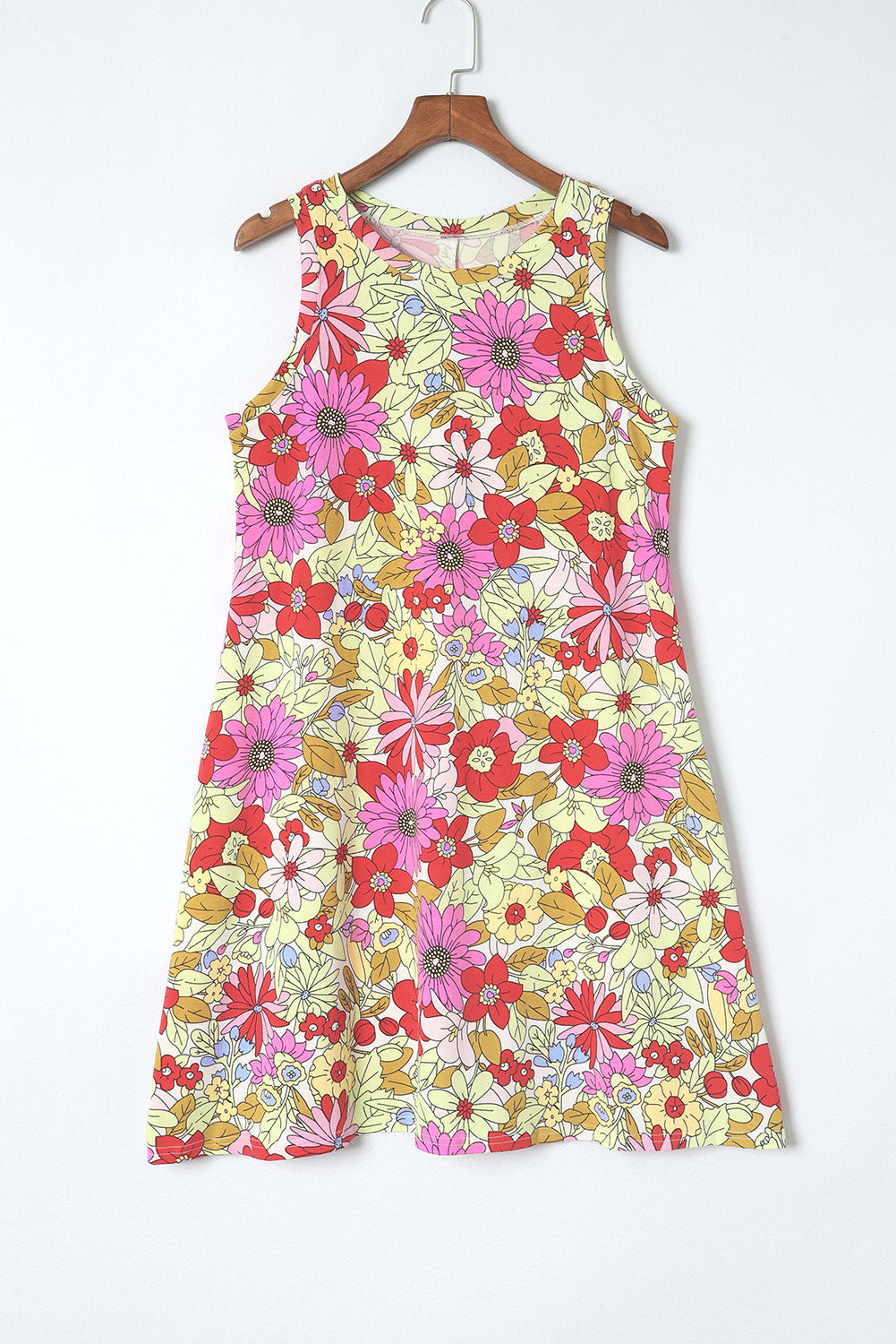 Red Round Neck Sleeveless Floral Mini Dress