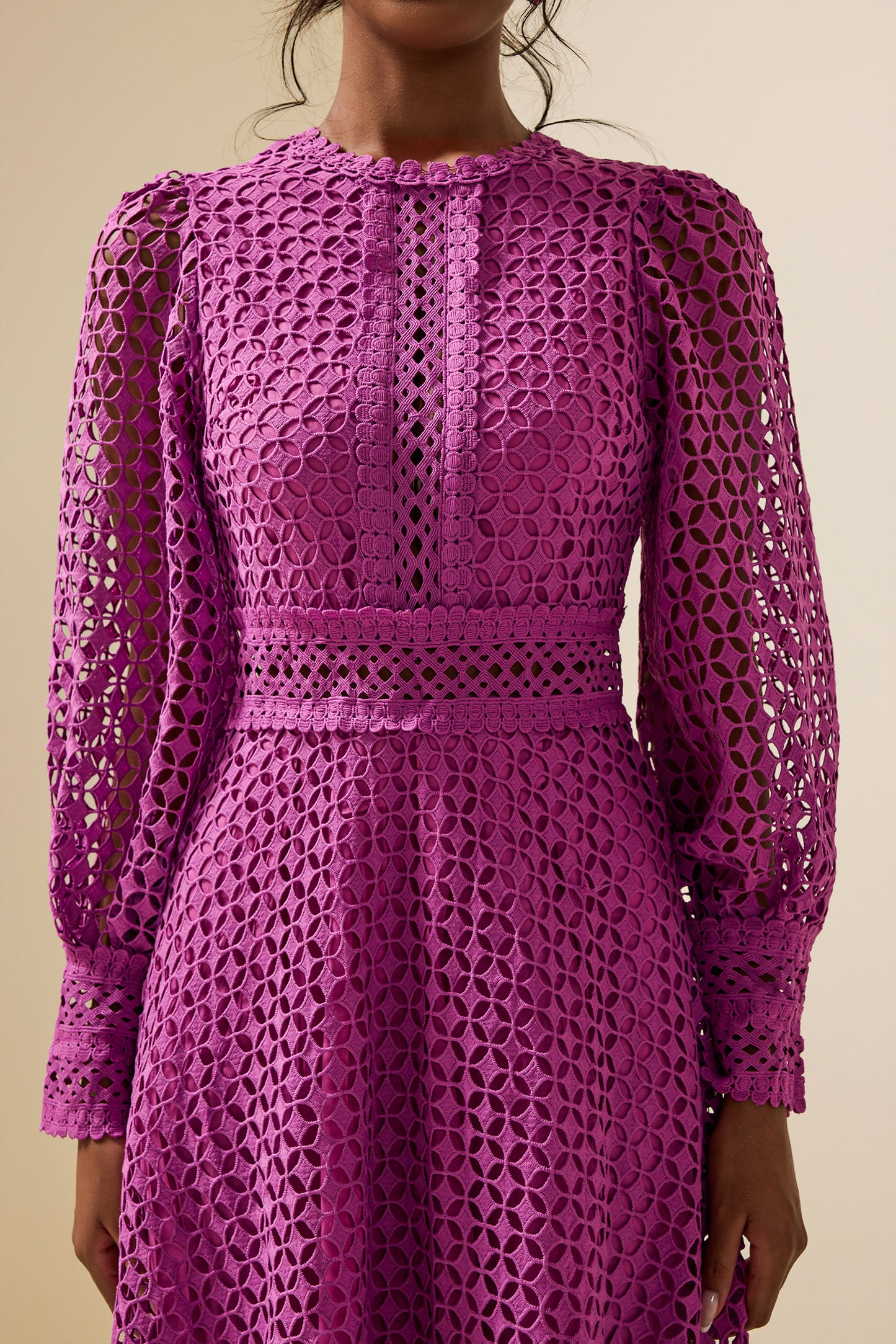 Solid Lace Lantern Sleeve Midi Dress