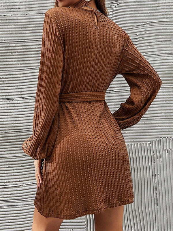 Long Sleeves Loose Hollow Solid Color Tied Waist Round-Neck Mini Dresses