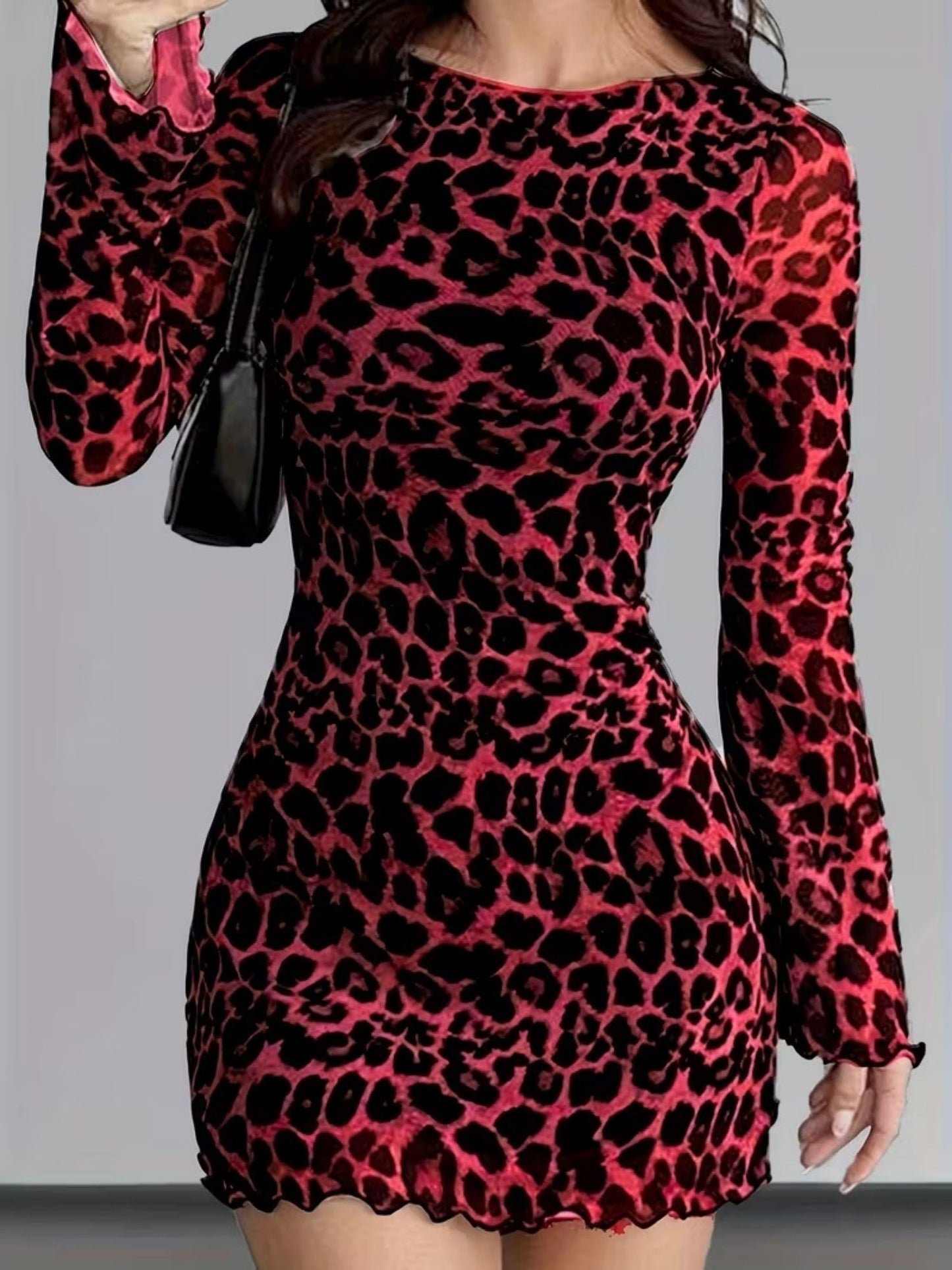Leopard Print Mesh Slimming And Waist-cinching Long-sleeved Short Dress