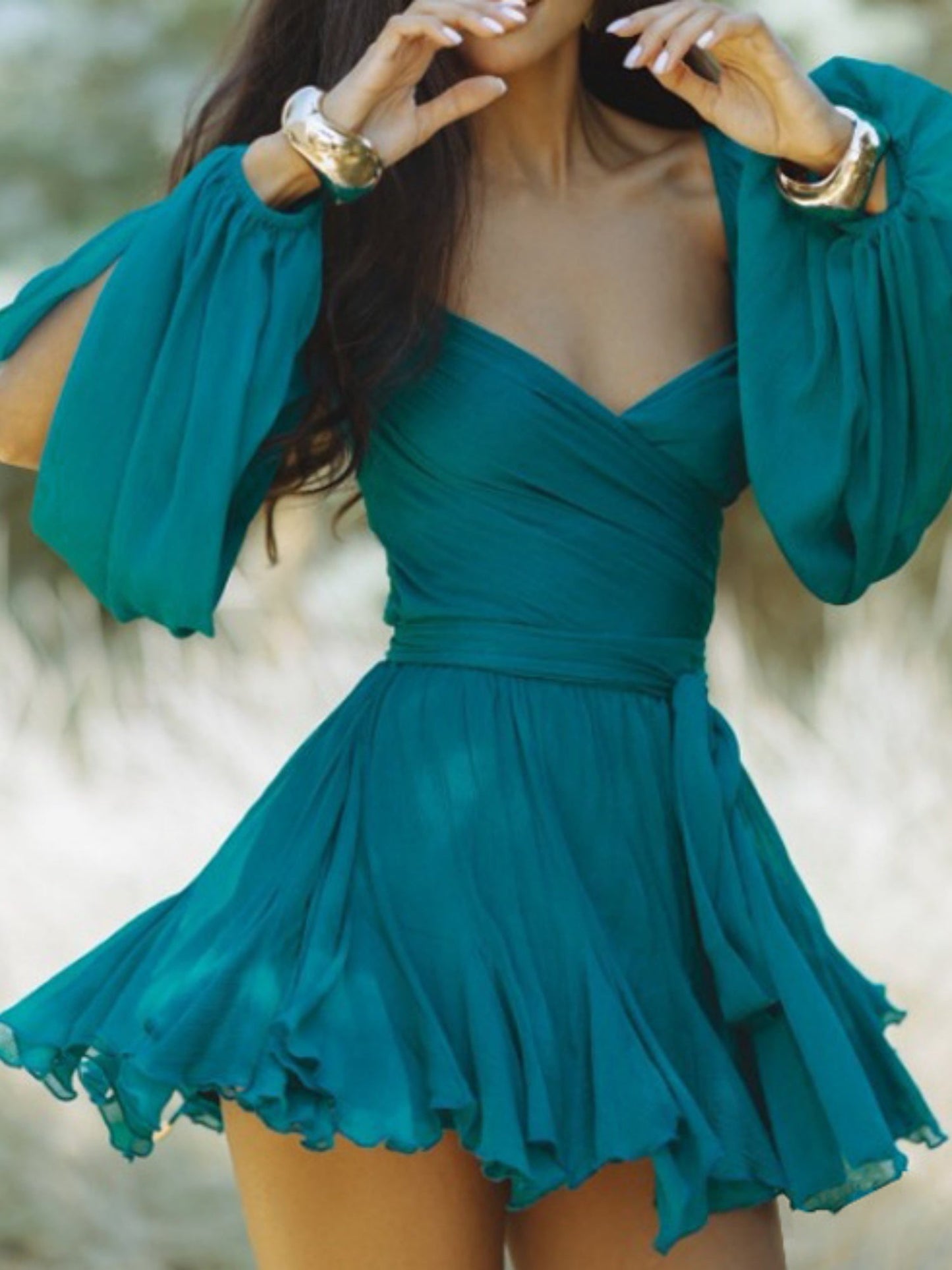 Ruffle Balloon Sleeve Hollow Out Waist Shaping Mini&Short Dresses