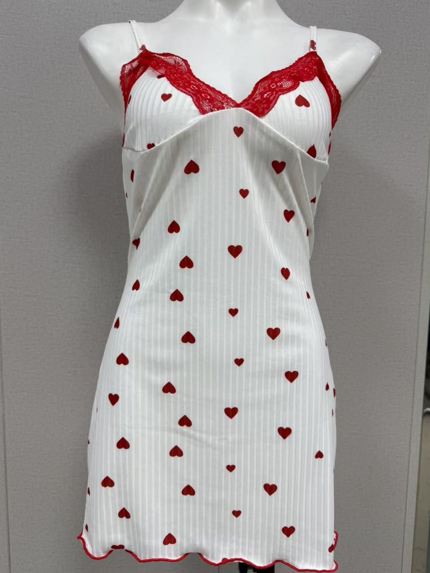 Heart Print Lace Trim Short Slip Dress