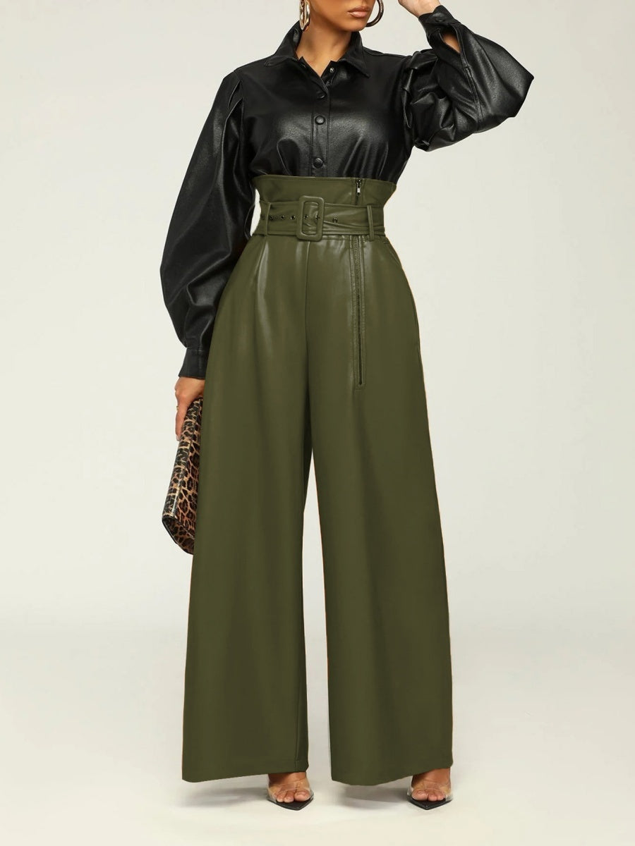 High Waist PU Leather Metal Belt Wide-leg Trousers