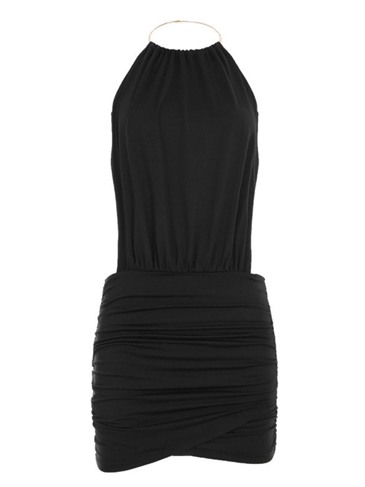 Metal Ring Halter-neck Sleeveless Backless Splicing Hip Wrap Mini&Short Dresses