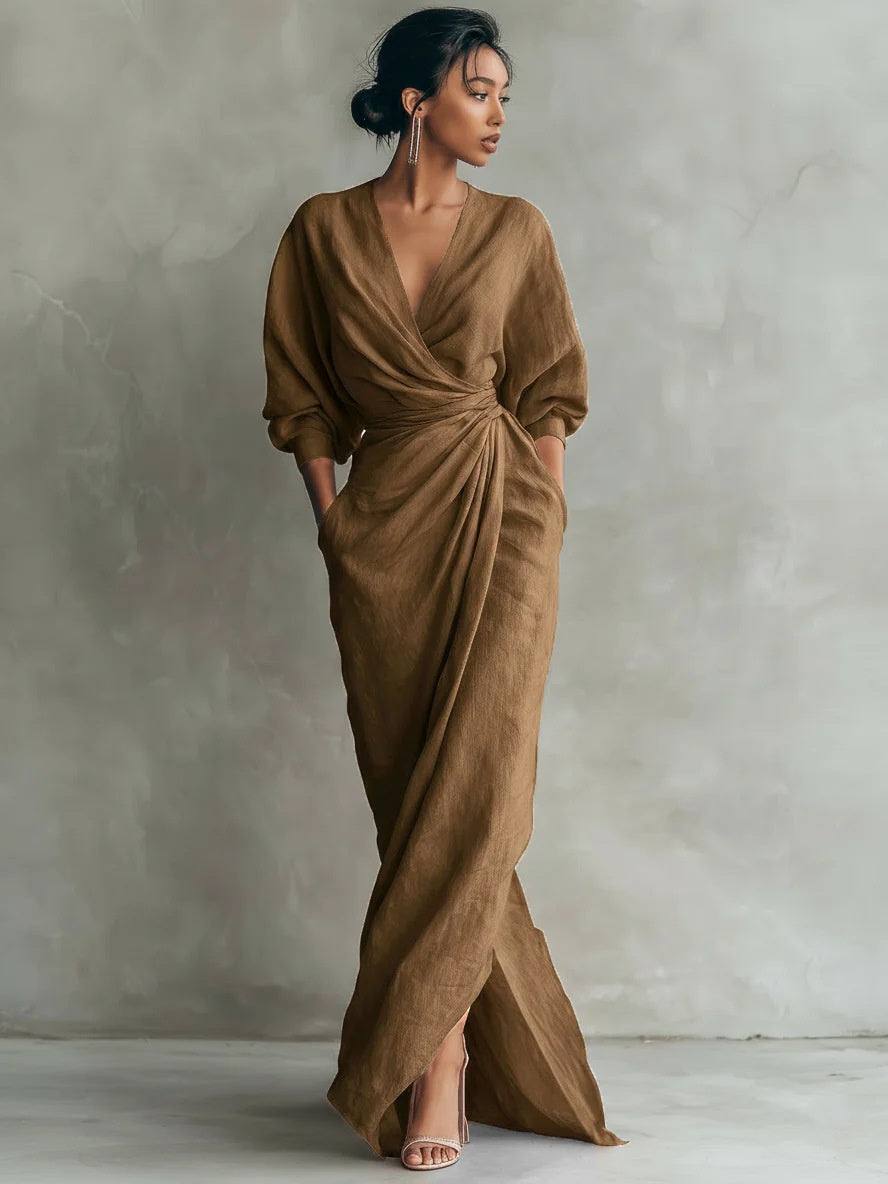 Solid Color V-neck Short-sleeved Zip-up Top And Elastic Waist Pants Two-piece Set