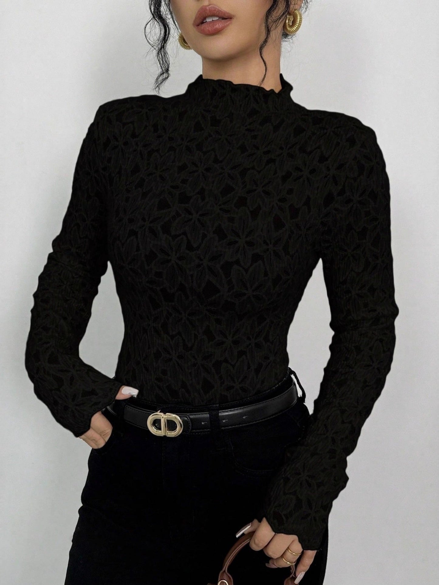 Lace Flowers Perspective High Collar Slim Fit Long-sleeved T-shirt