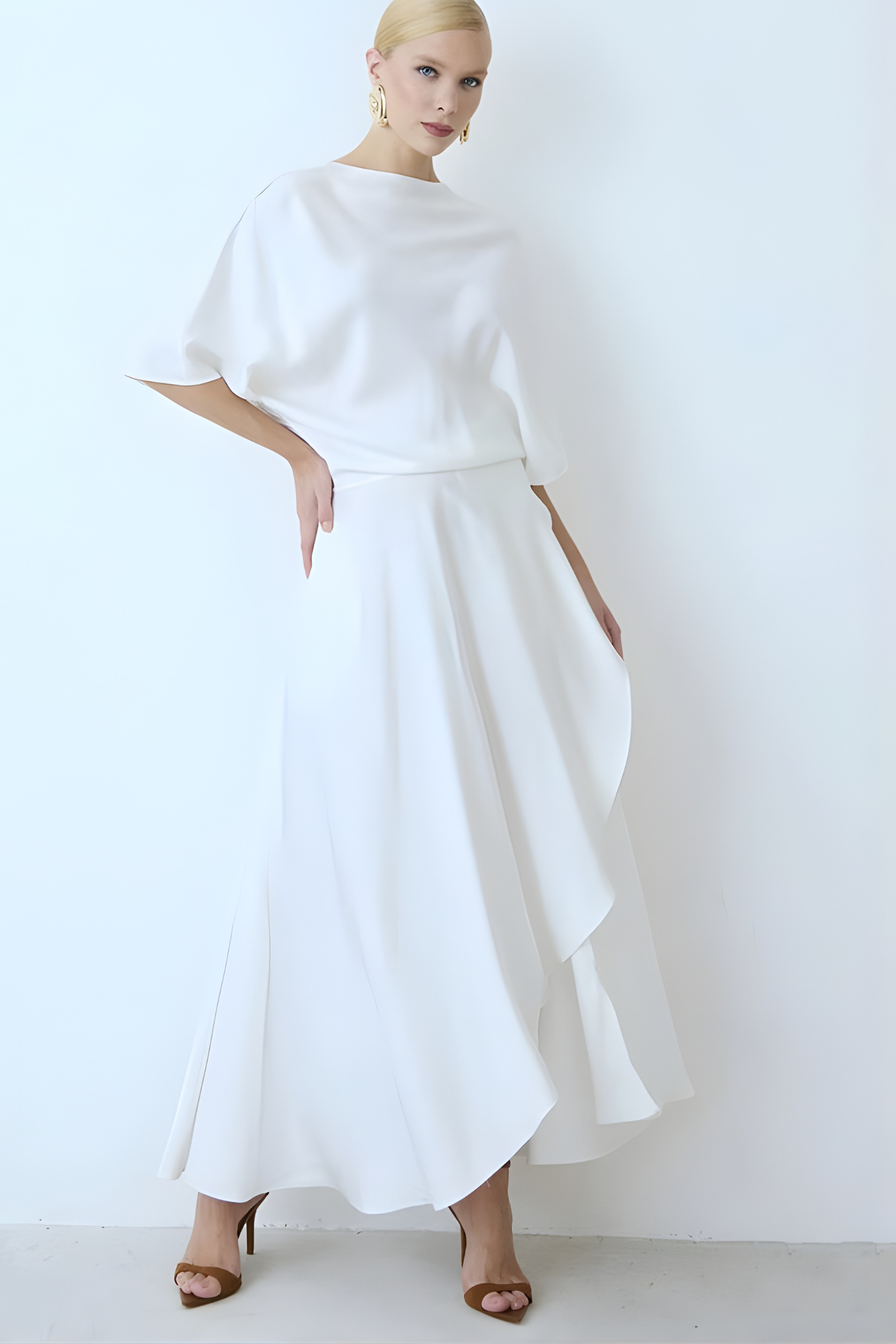 Asymmetric Cape-Shoulder Wrap Midi Dress