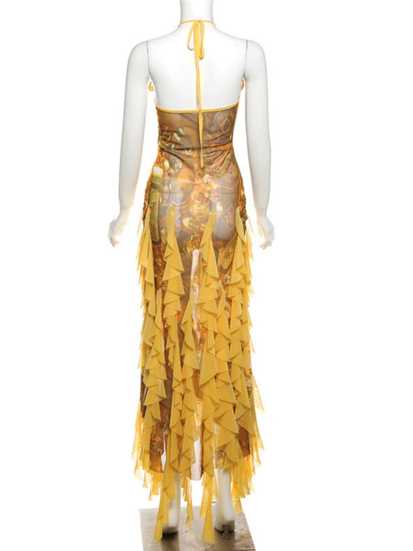 Printed Ruffle Deep V-neck Backless Maxi Dresses