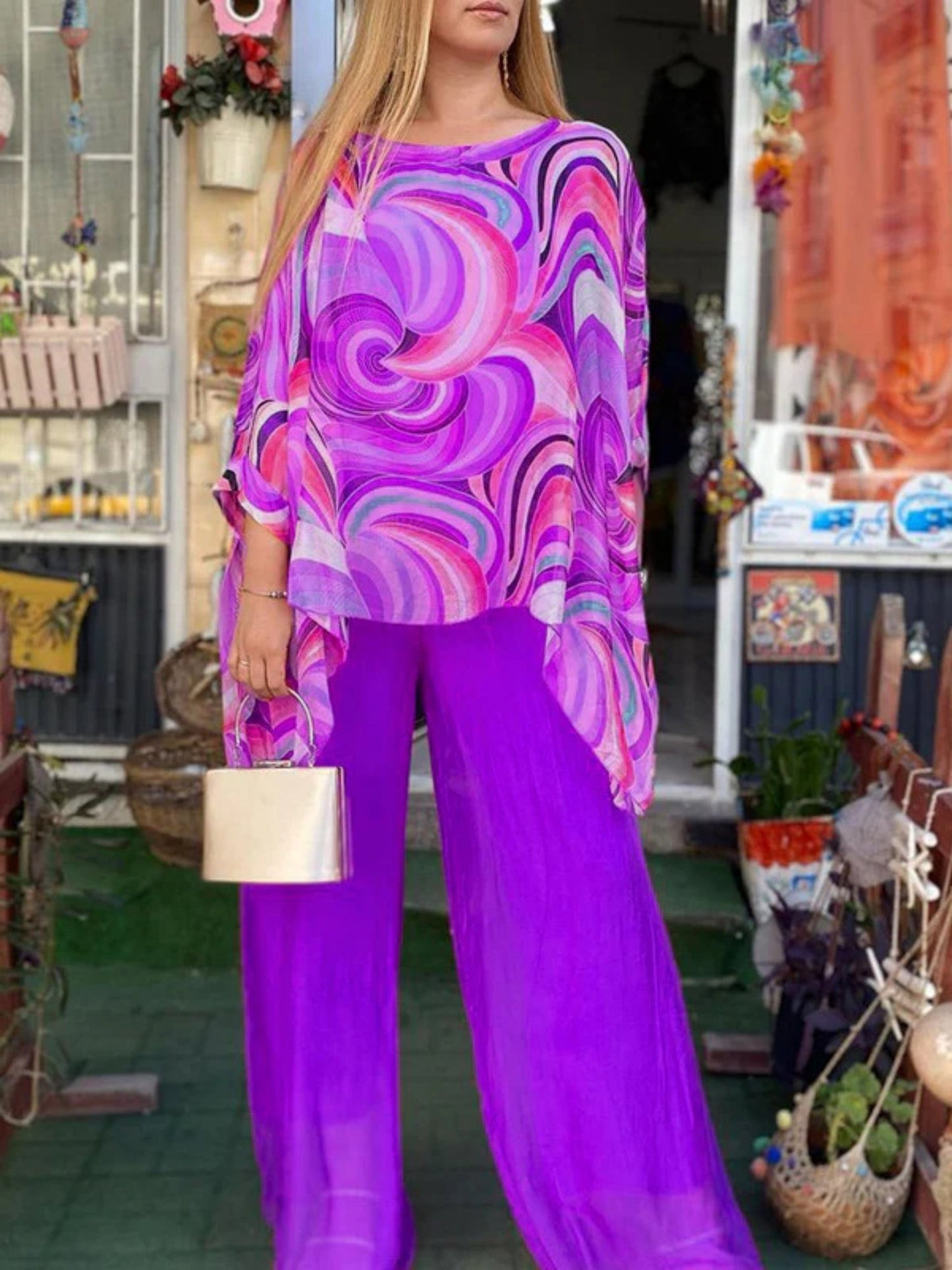 Printed Chiffon Crew Neck Short Sleeve Pants 2-piece Sets