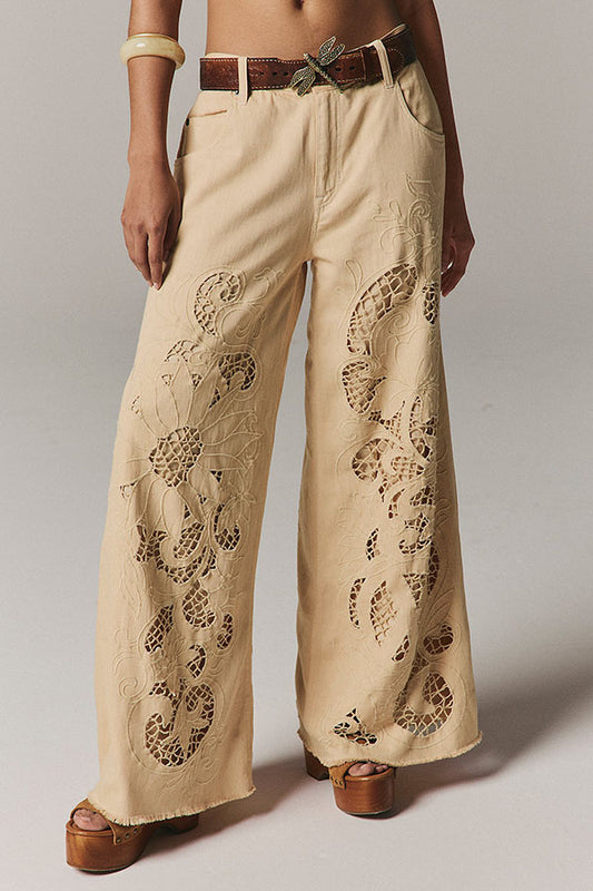 Battenburg Inspired Cutwork Detail Mid Rise Pocket Wide Leg Jeans