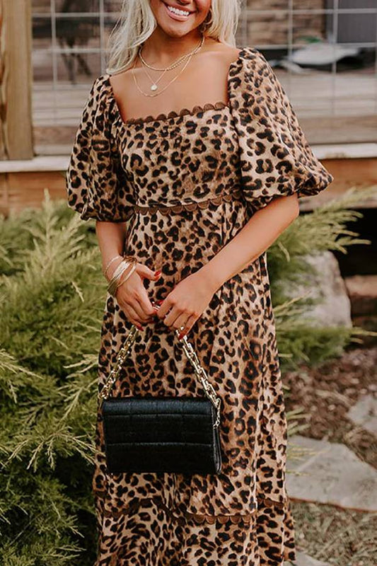 Print Square Neck Scalloped Lace Trim Puff Sleeve Tiered Maxi Dress